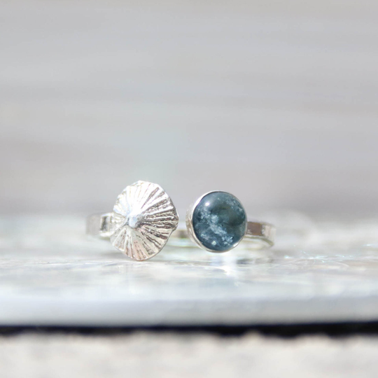 Salt & Reflection - Saltwater Souls Fine Silver | .999 Limpet Shell Cast & Blue Topaz Gemstone Adjustable Hammered Sterling Ring