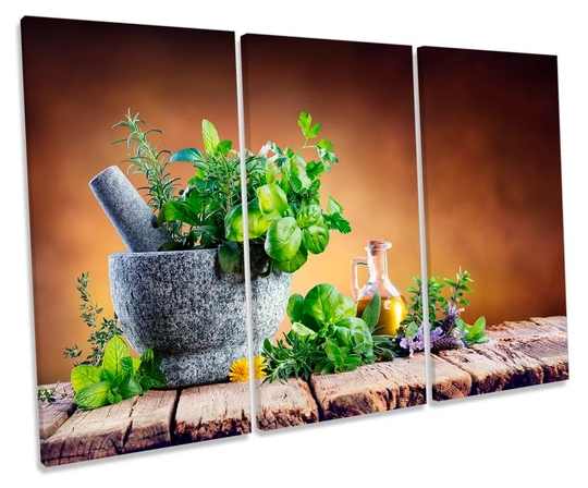 Fresh Herbs Spices Mortar Picture Treble Canvas Wall Art Print