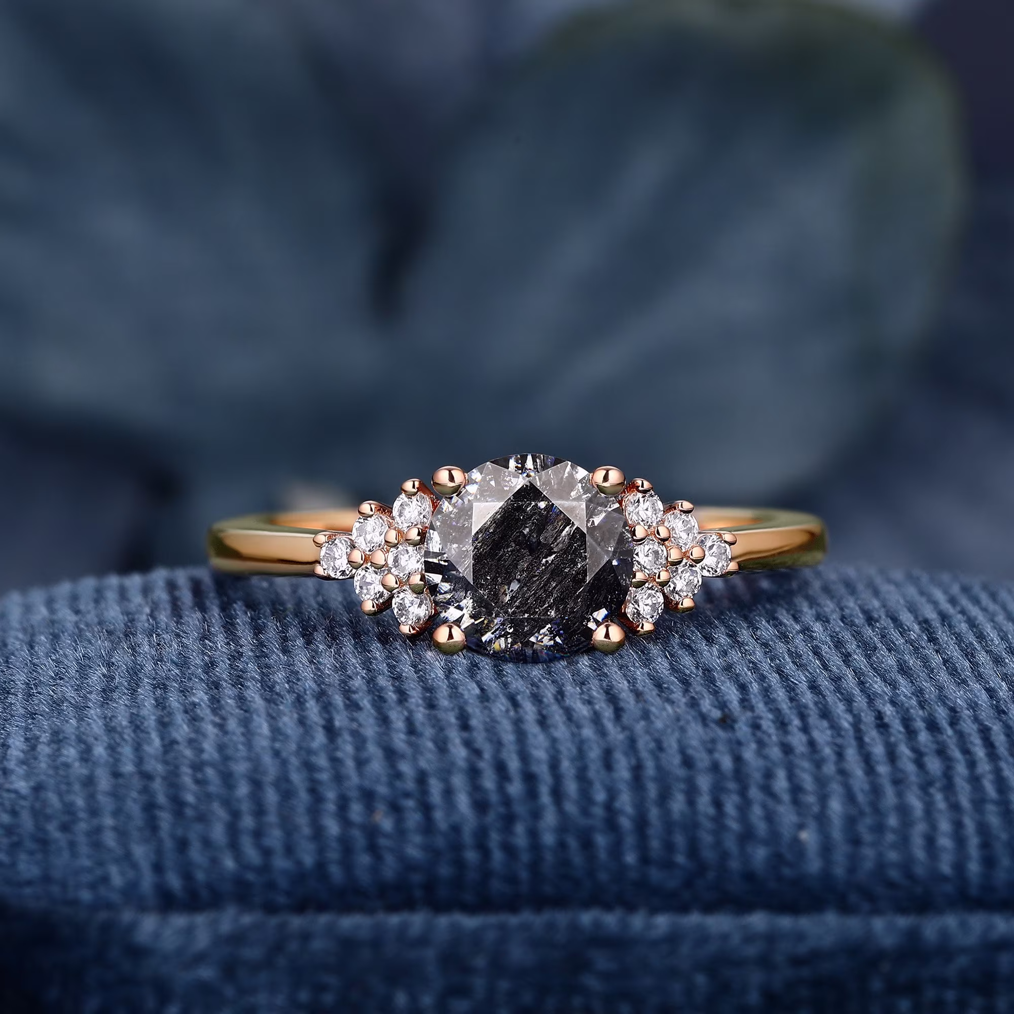 Cluster Ring Round Cut Black Salt & Pepper Moissanite K Gold For Her Engagement Band Wedding Bridal Handmade London Style Gifts