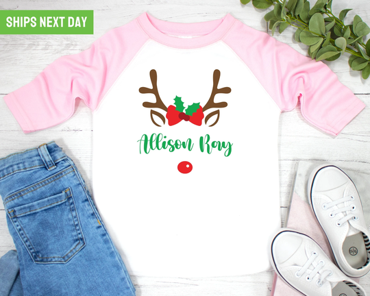 Personalized Girl Reindeer Toddler Tee - Cute Kids Clothes Christmas T Shirt Seasonal Little Tshirt Holiday Gift