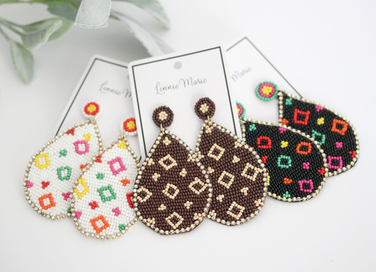 Seed Bead Earrings, Colorful White, Pink, Fun Statement Large Brown Black Beads