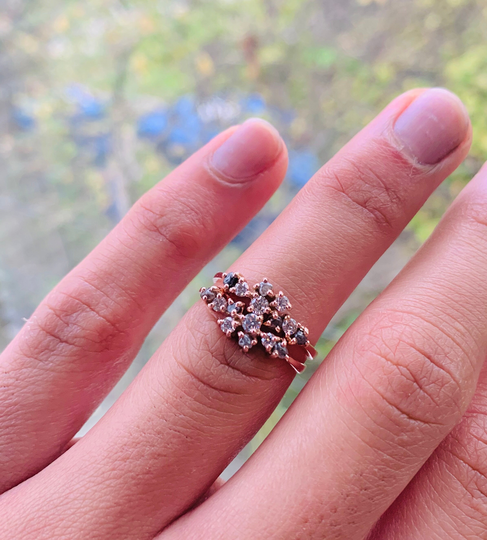 Salt & Pepper Diamond Engagement, Cluster Ring, 9K/14K/18K Yellow Rose Gold, Engagement Ring Pepper Rustic, 2 Rings