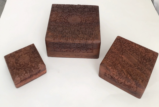 Set Of 3 Hand Carved Wooden Jewelry Box - Trinket Tarot Card Keepsake