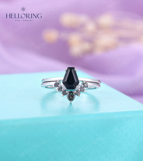 Vintage Coffin Onyx Engagement Ring Rose Gold Black Salt & Pepper Curved Diamond Wedding Band Promise