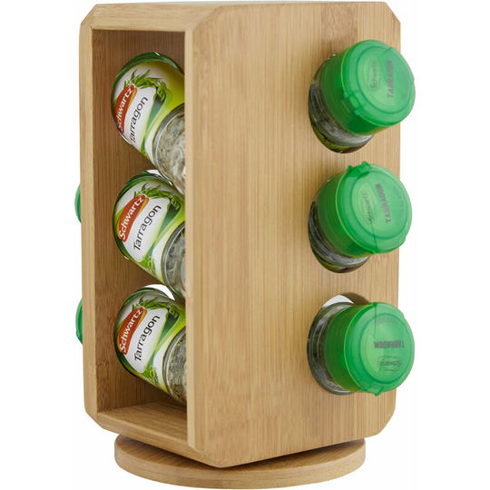 Premier Housewares - 6 Bottles Bamboo Wood Revolving Spice Rack Spice Storage Sturdy Wooden Build Saves Cupboard Space w18 x d18 x h17cm