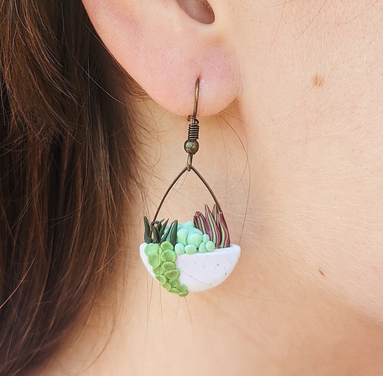 Succulent Garden Dangles Polymer Clay Earrings Handmade One-Of-A-Kind Unique Plant Lover Gift