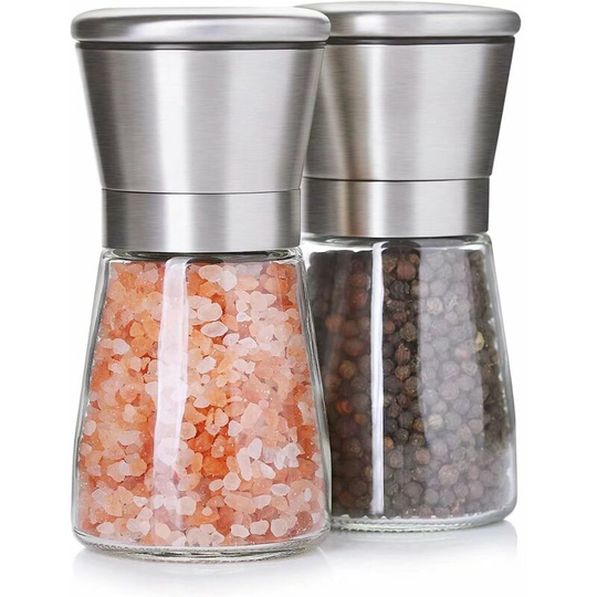 Set of Two Salt and Pepper Mills - Spice Mills in Brushed Stainless Steel and Glass Bodies, Salt and Pepper Shakers
