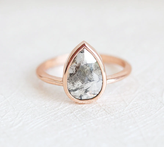 Salt & Pepper Diamond Ring, Grey Rose Cut Pear Gold Engagement Ring With Diamond, 14K Rose Gold