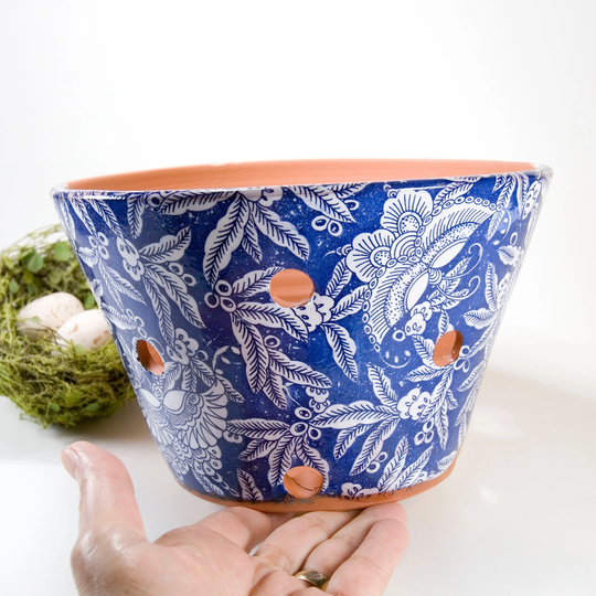 8 Inch Orchid Planter, Handmade Terra Cotta Planter With Blue An White Butterfly Design, Extra Hole For Health, Gift Grower