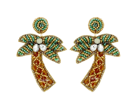 Palm Tree Earring, Seed Bead Rhinestone Tropical Tree, Beach Vacation, Party Favor