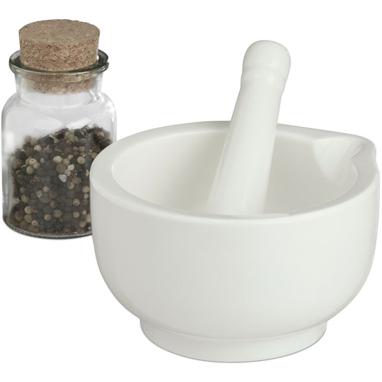 Relaxdays Porcelain Mortar with Pestle, 15 cm Diameter, Herb Grinder, High-Quality, Durable and Robust, White