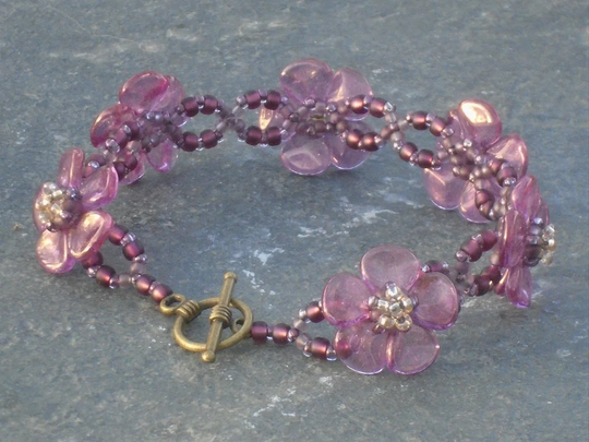 Hellebore Bracelet, Czech Seed Bead & Glass Petal in Purple Pale Yellow Glass Beads, UK Seller