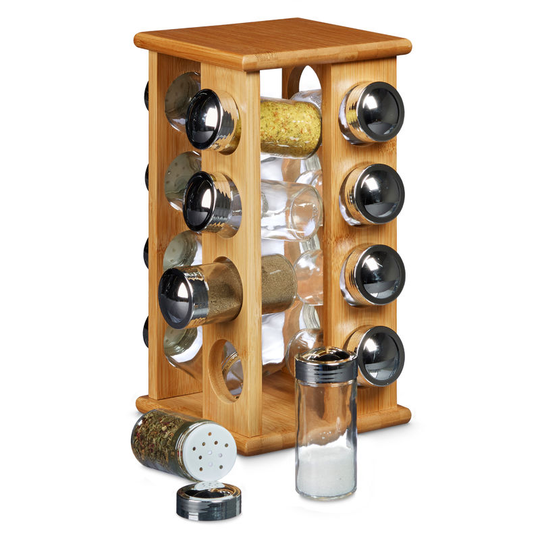 Bamboo Spice Rack with 16 Spice Jars Size: 30 x 19.5 x 19.5 cm Freestanding Wooden Spice Shelf with Spices Holders Spice Carousel made of Wood with