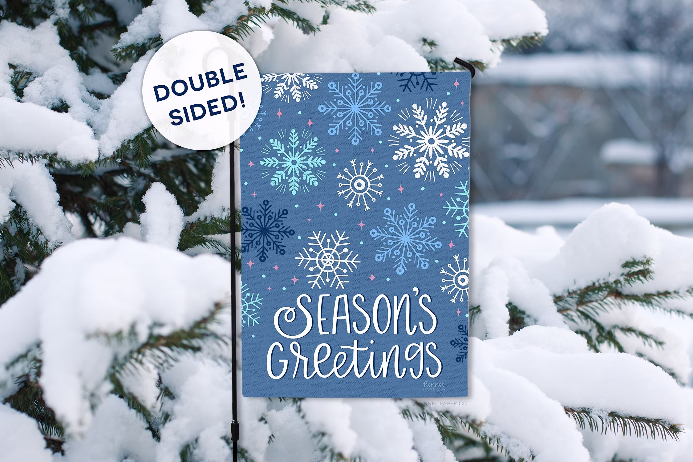 Seasons Greetings Garden Flag - Double Sided Ready To Ship Snowflake Welcome Modern Yard Decor Outdoor Hennel Paper Co