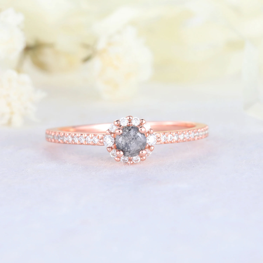 Rose Gold Salt & Pepper Diamond Women Halo Engagement Ring Minimalist Wedding Sterling Silver 14K Bridal Promise Anniversary Gift