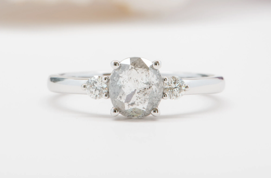1.05Ct Oval Salt & Pepper Diamond 14K White Gold Engagement Ring Colorless Sides Ooak Alternative Bride Gift For Her R6013