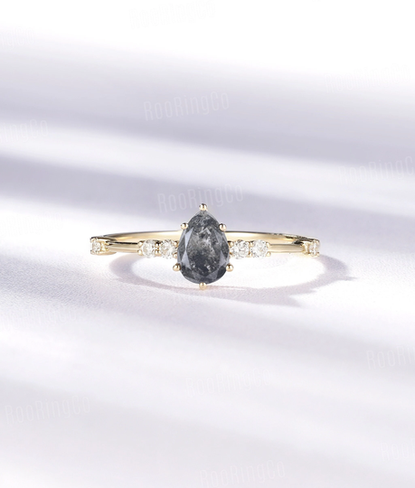 Salt & Pepper Diamond Engagement Ring Pear Shape Vintage Yellow Gold Antique Art Deco Unique Promise Anniversary Bridal