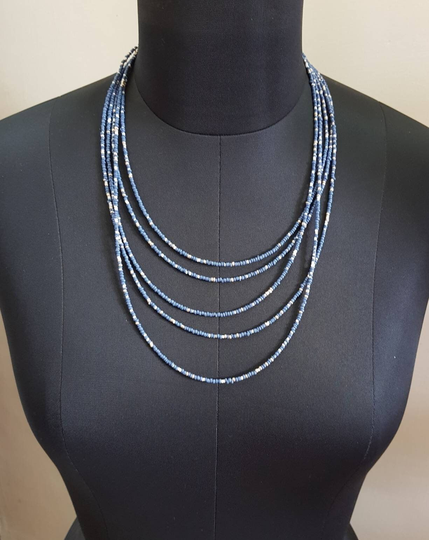 Bohemian Navy Grey Seed Beads Graduated Necklace - Blue & White Multi Row Layered Necklace, Blue Necklace
