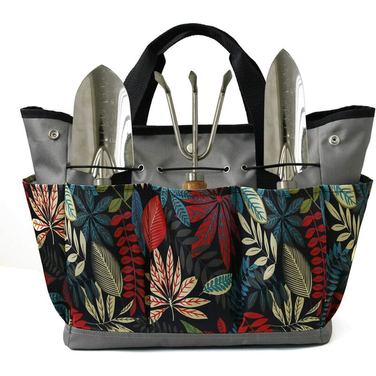 Canvas Garden Tool Tote Bag, Heavy-Duty Gardening Pouch, Vegetable Herb Garden Hand Tool Storage Tote, with 8 Pockets and Leather Handle, Floral