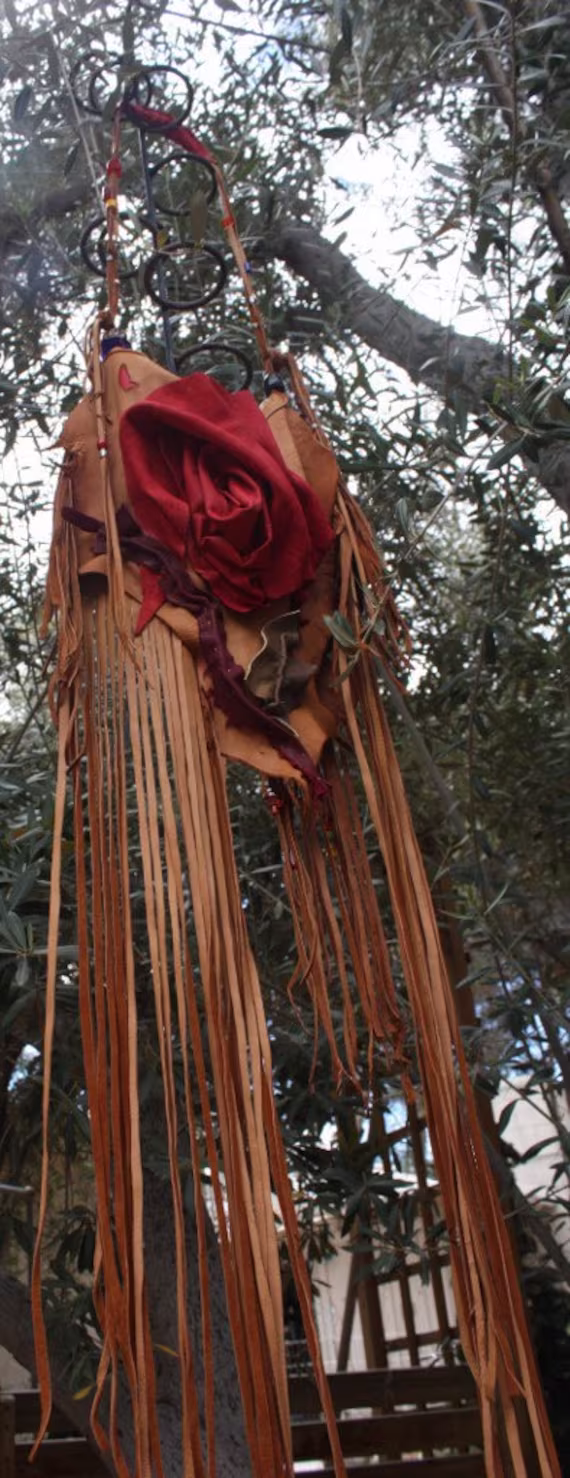 Showdiva Designs Asymmetrical Larger Leather Medicine Bag Purse Long Fringe N Beads N Hand Sculpted Flower