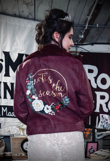 Jacket Painting Service - Tis The Season Christmas Winter Wreath Painted Leather Bride Bridal Wedding