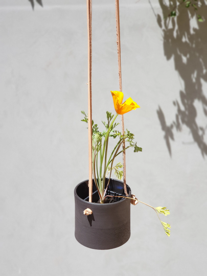 Black Hanging Planter With Leather Straps, Minimalist Pottery Pot, Ceramic Planter, Succulent Modern
