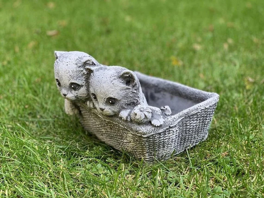 Little Kittens in Basket, Cats With Flower Pot, Cat Figurine, Plant Decor, Lover Gift, Art, Indoor Gift For Lovers
