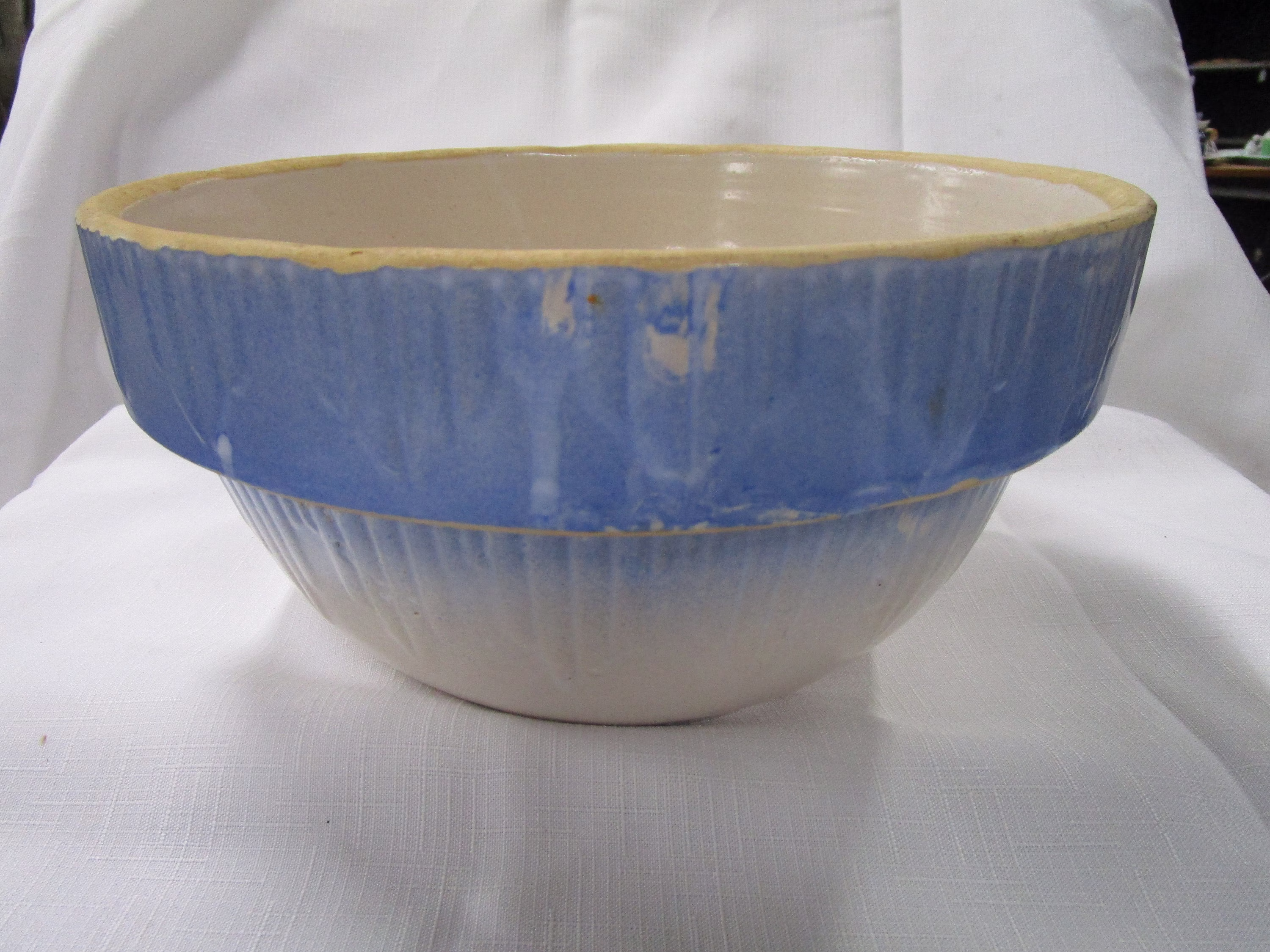 Art Pottery Blue & Cream Salt Glaze Mixing Bowl