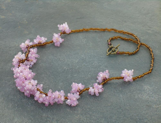 Japanese Cherry Blossom Necklace, Seed Bead Flower Pink Flower Necklace, in Pink, Amethyst Czech Seed Beads, UK Seller