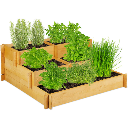 Relaxdays - 3-tier raised garden bed, natural wood, planter box, garden, plug-in system, grow zones, 93x93x37cm (LxWxH)