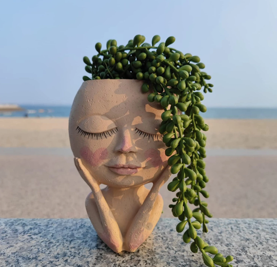 Girl Face Head Planter, Lady Statue Succulent Resin Flower Pot, Cute Cactus Closed Eyes Female Sculpture Design Vase With Drainage Hole
