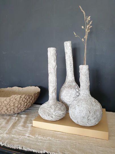 Costus - Wabi Sabi Traditional 3 Vases Set. Sculpted, Figurine Bottle Japanese Art Piece, Gift, Home Decoration, Artificial Plant Holder