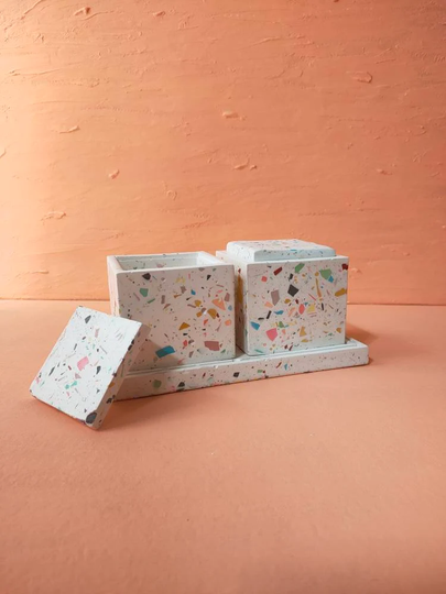 Terrazzo Lidded Jar With Tray Set, Dry Food Canister, Decorative Kitchen Functional Box, Colorful Concrete Spice Cellar, Cookie Container