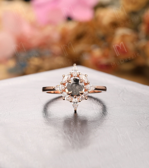 Salt & Pepper Diamond Wedding Ring// Natural Engagement Ring Rose Gold// Art Deco 5mm Round Ring/Women's