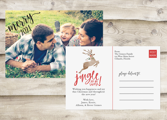 Printed Reindeer Jingle All The Way Photo Postcard, Christmas Photograph Holiday Family & Couples Traditional Card