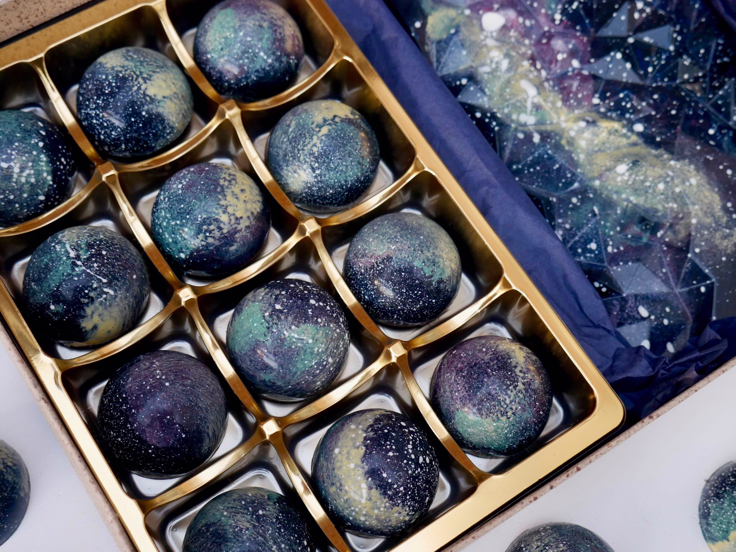 Vegan, Dairy Free Artisan Chocolate Bonbons Salted Caramel. Galaxy Themed Gifts. Bolicious Chocolates