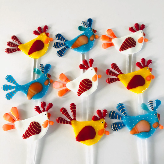 Handmade Fused Glass Chicken Garden Plant Pot Stakes , Cornish Fused Glass, Cornwall