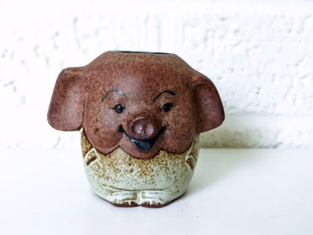Vintage Stoneware Happy Pig Toothpick Holder, Tiny Planter, Or Salt Cellar