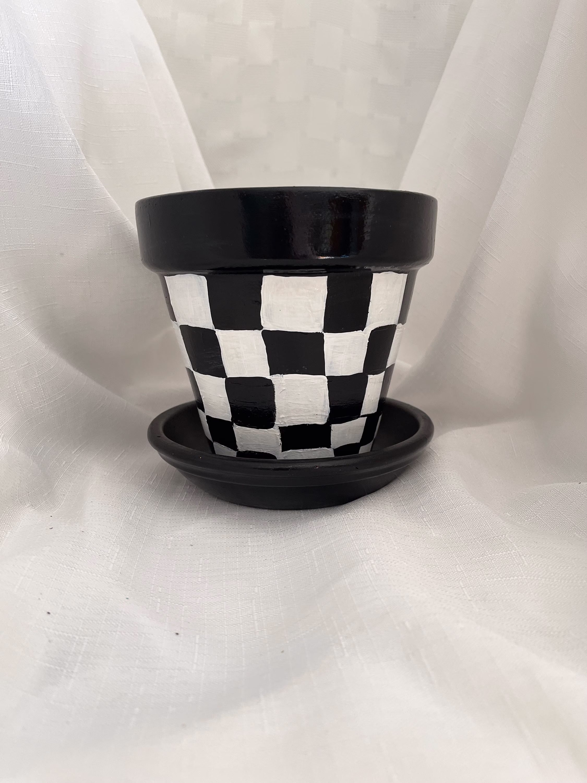Black & White Checkered Hand Painted Flower Pot/Plant Lover/Flower Pots/Housewarming/Planter/Gardener Delight