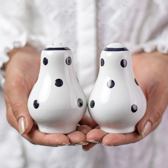 Salt & Pepper Shakers, Ceramic Cruet Set, Handmade Pottery, White Black Polka Dot Pots, Country Cottage Style, Housewarming Gift