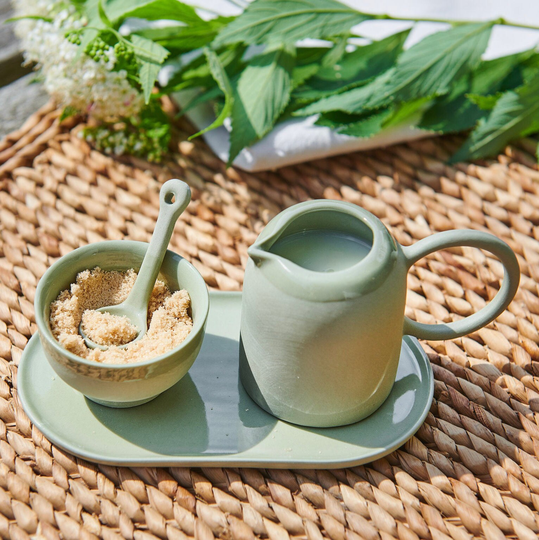 Hand Crafted Green Stoneware Condiment Set, Salt & Oil , Milk Sugar, House Warming Gift Sweet Set