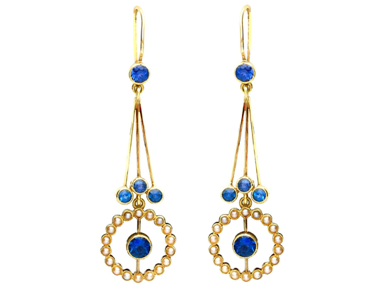 2.02Ct Sapphire & Seed Pearl, 15Ct Yellow Gold Drop Earrings - Antique Circa 1910