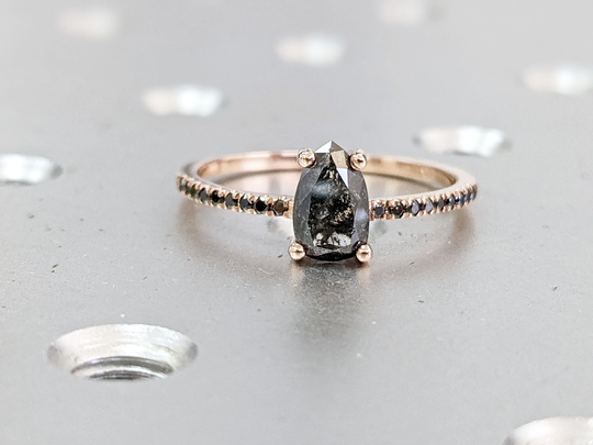 Vintage Pear Shaped Salt & Pepper Diamond Engagement Ring Art Deco Rose Gold Ring, Black Diamond, Bridal Half Eternity