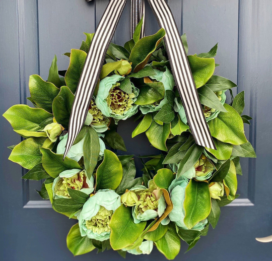 Green Peony Wreath, All Season Magnolia Farmhouse Lambs Ear Wreath For Front Door, Spring