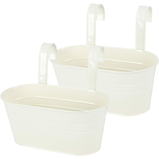 2 Pcs Metal Iron Hanging Flower Pots Oval Railing Fence Hanging Bucket Planter Pot White Garden Balcony Planter Pots Hanger Flower Plant Holder with