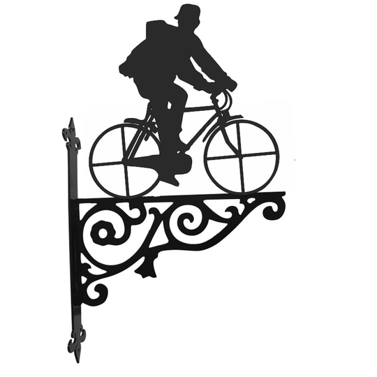 Bicycle & Rider Ornamental Hanging Bracket - Contemporary Basket Wall Mounted Decorative Garden Black