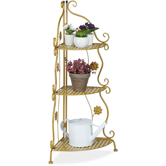 Relaxdays - Metal Plant Stand, 3 Tiers, Decorative Rack, Indoor & Outdoor, HxWxD: 82.5 x 31 x 31 cm, Corner Shelf, Gold