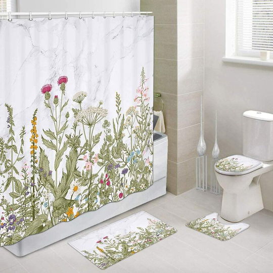 Marble Floral Shower Curtain and Bath Mat Set72x72 Inch, Vintage Floral Border Herbs and Wild Flowers Bathroom Mat Set with Contour Toilet Mat, Mat