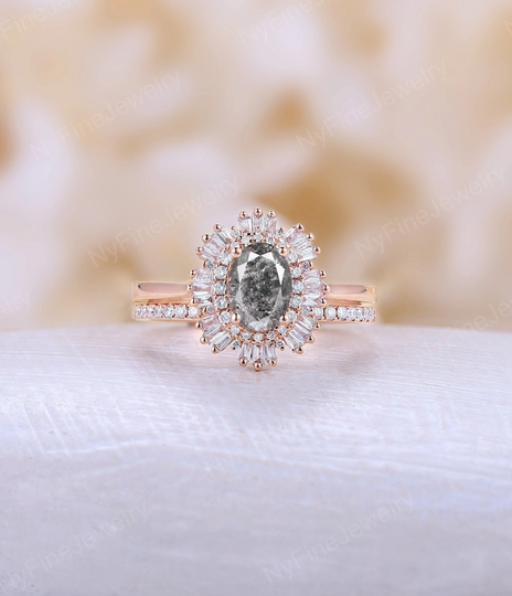 Vintage Salt & Pepper Diamond Engagement Ring Set Antique Gatsby Baguette Halo Bridal Unique Half Eternity Band Anniversary
