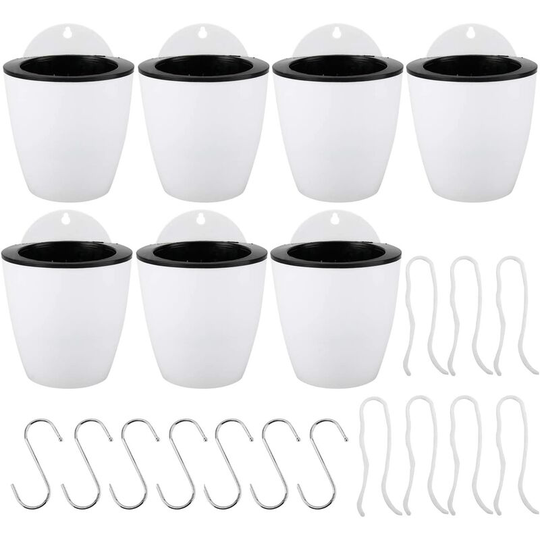 Self-Watering Hanging Planters Set of 7 | Wall Deco | Indoor, Outdoor Flower Pot | Window Wall Decoration | White Plastic, Medium, 13 cms, with, Hooks